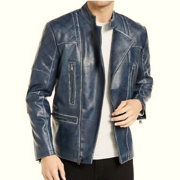 INC International Concepts Other - NEW! INC Men's Blue Faux Distressed Leather Zip Up Biker Moto Jacket, Size Large